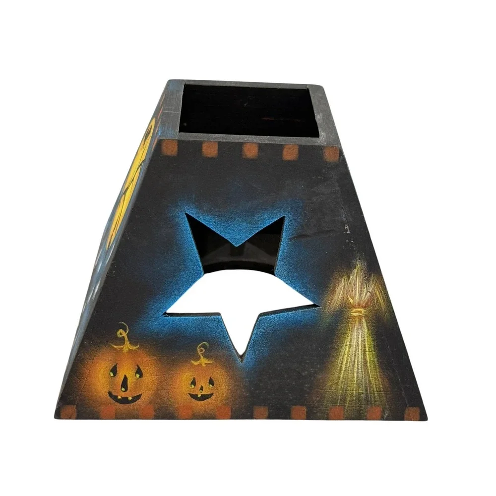 Hand Painted Wooden Halloween Tealight Candle Holder Primitive Jack O Lantern 5